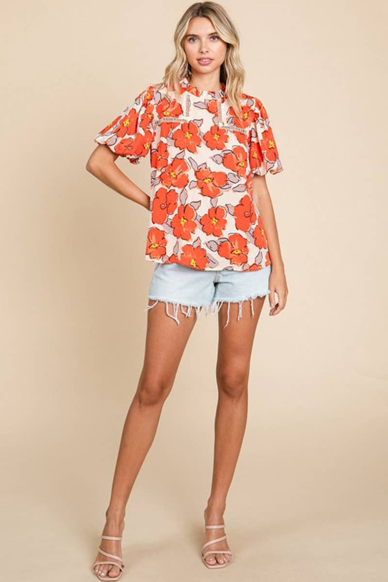 CWTBLS1302_ROUND NECK SHORT SLEEVE FLOWER PRINT TOP