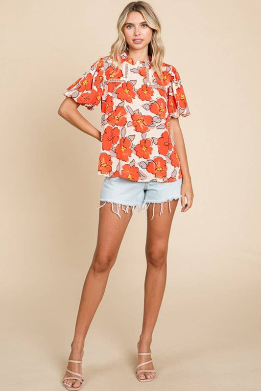 CWTBLS1302_ROUND NECK SHORT SLEEVE FLOWER PRINT TOP