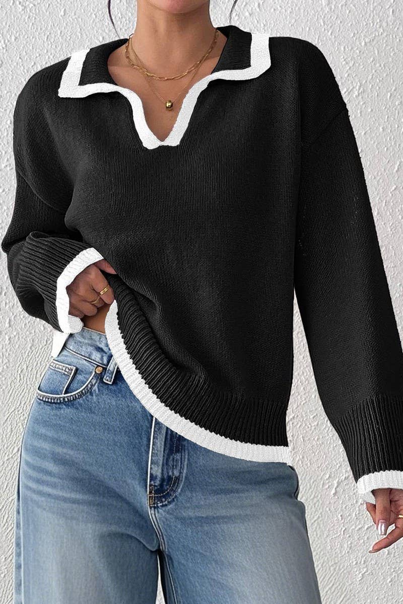 CWTTT00018_WOMEN COLOR BLOCK POLO COLLAR KNIT PULLOVER