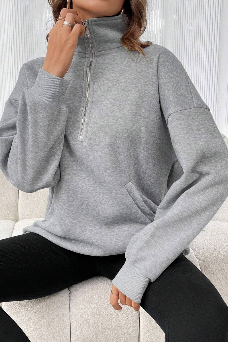 CWTBLL3941_ZIPPER POLO COLLAR SOLID LOOSE CASUAL SWEATSHIRT