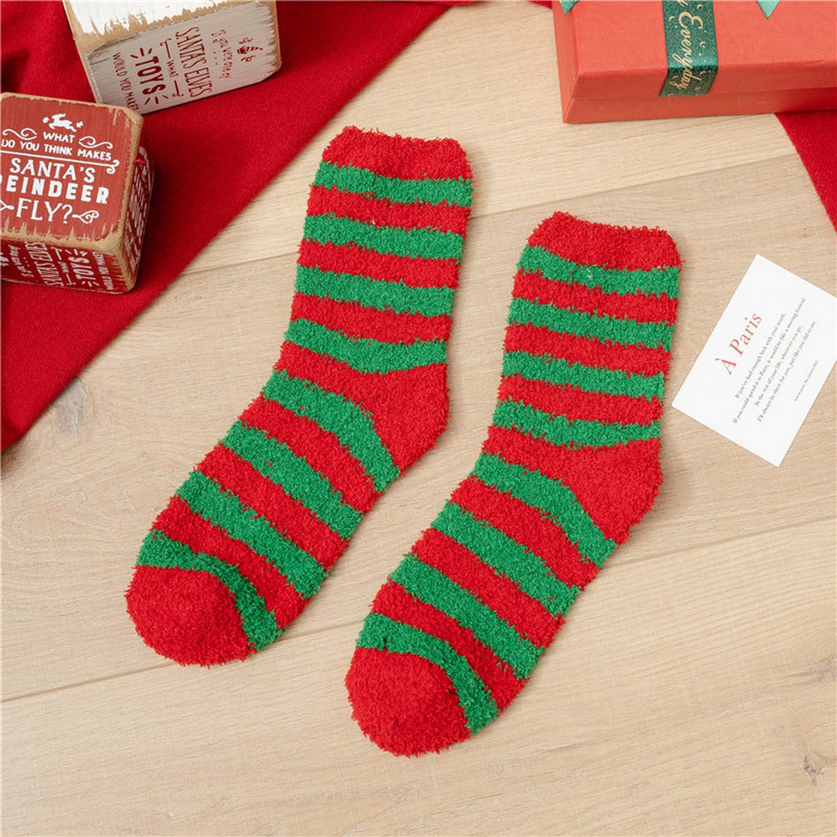 SANTA CLAUS ELK CORAL VELVET SOCKS