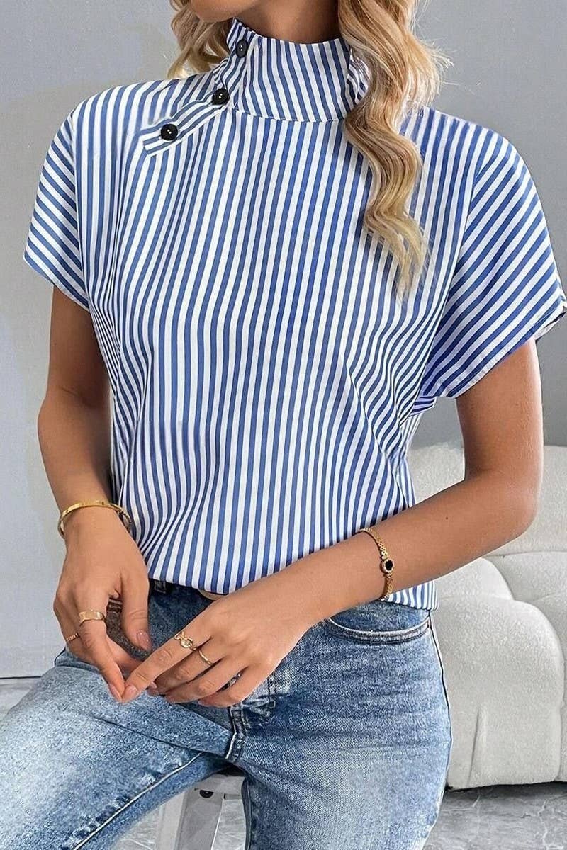 CWTBLS2232_SHORT SLEEVE HOLLOW OUT STAND COLLAR BUTTON SHIRT