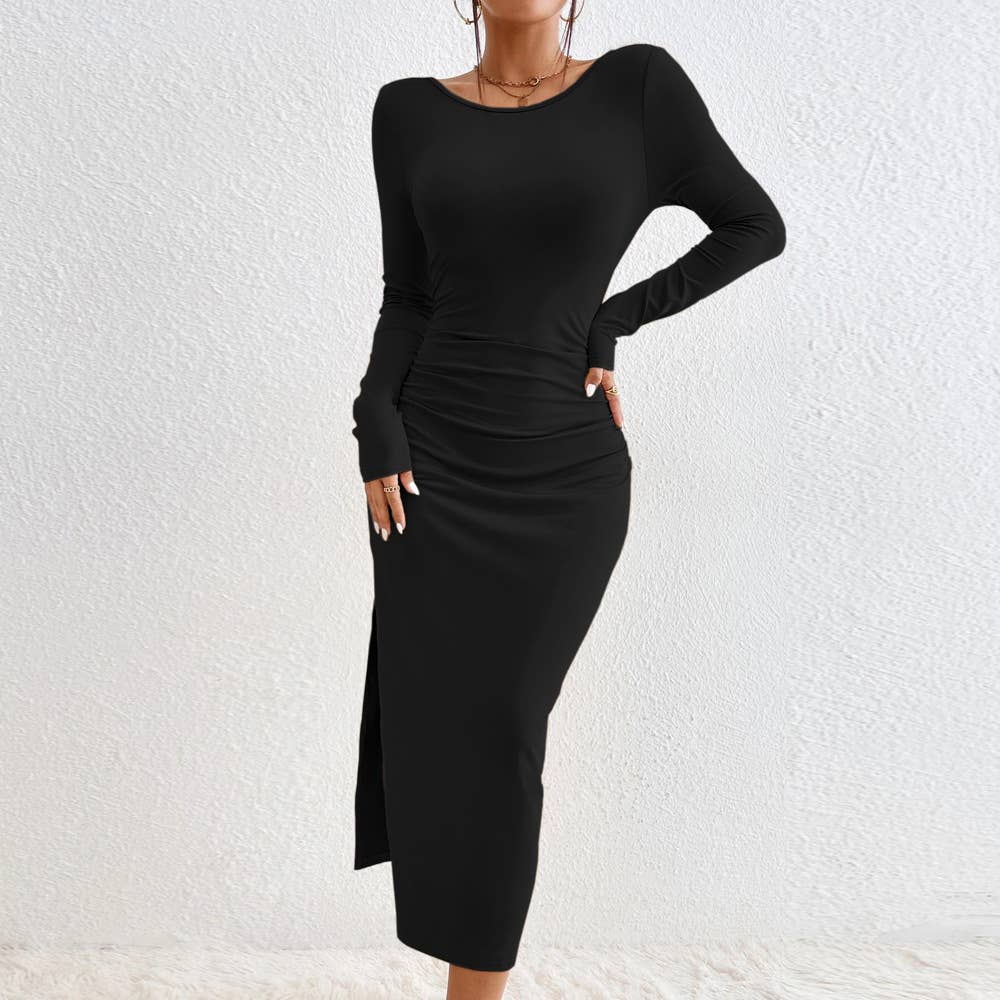 BACKLESS ROUND NECK DRESS WITH HIP WRAP