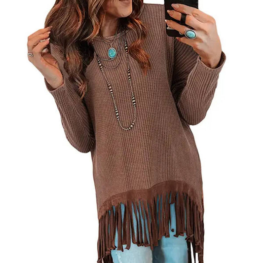 DESIGN SENSE FRINGE HEM SOLID COLOR KNITWEAR