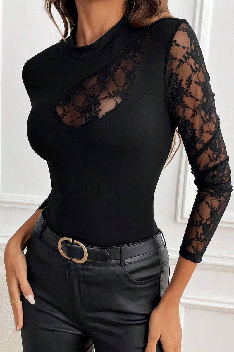 CWTBLL3508_LACE PATCHWORK LONG-SLEEVED BOTTOMING TOP