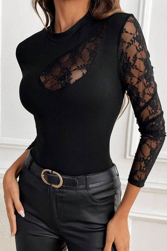 CWTBLL3508_LACE PATCHWORK LONG-SLEEVED BOTTOMING TOP