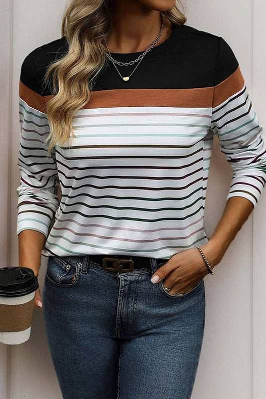 CWTBLL1735_ROUND NECK LONG SLEEVE STRIPED CASUAL T-SHIRT
