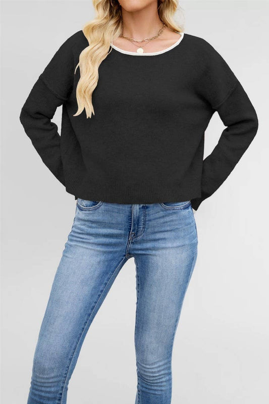CWOSWL7019_ROUND NECK COLORBLOCK LOOSE PULLOVER SWEATER