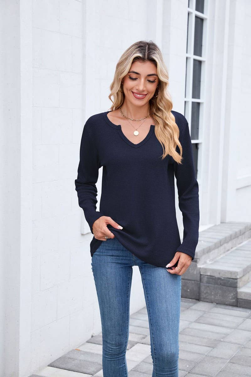 CWTBLL01294_V-NECK WAFFLE LONG-SLEEVED LOOSE T-SHIRT TOP