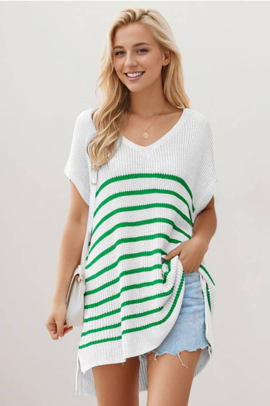 CWDSD3925_V-NECK STRIPED SHORT-SLEEVED KNITTED SHORT DRESS