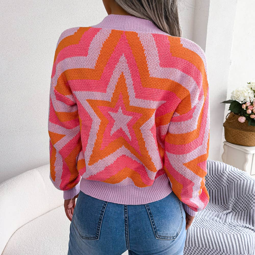 CONTRASTING STAR LONG-SLEEVED PULLOVER SWEATER