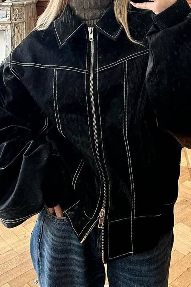 CWOJA0863_SOLID LOOSE FIT ZIP-UP MOTORCYCLE JACKET