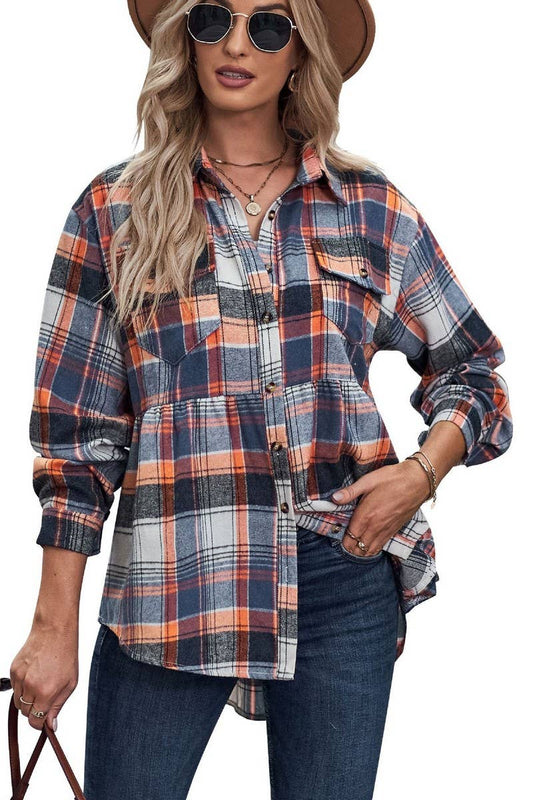 CWTSTL2484_LAPEL LONG SLEEVE POCKET CASUAL PLAID SHIRT