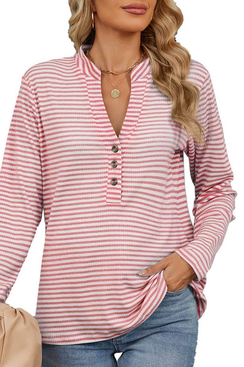 CWTBLL2356_V-NECK BUTTON-DOWN STRIPED CASUAL T-SHIRT TOP