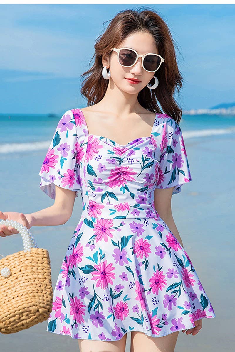 CWMW0866_FLORAL SLIM SHORT SLEEVE ONE-PIECE SWIMSUIT DRESS