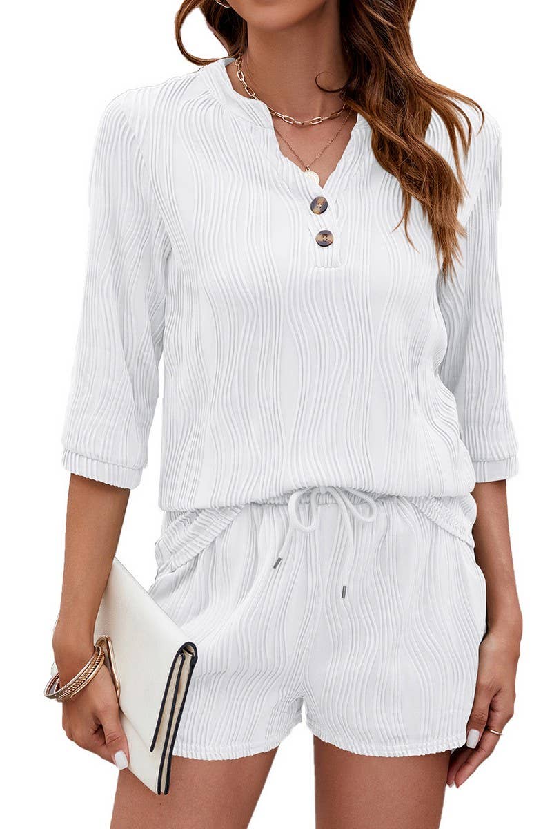 CWSS1067_SOLID COLOR V-NECK MID-SLEEVE T-SHIRT SHORTS SET