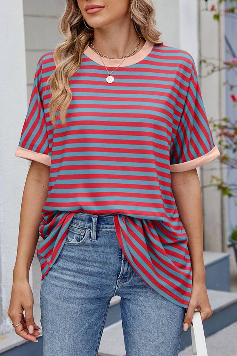 CWTTS1343_SUMMER STRIPED CONTRAST LOOSE SHORT SLEEVES
