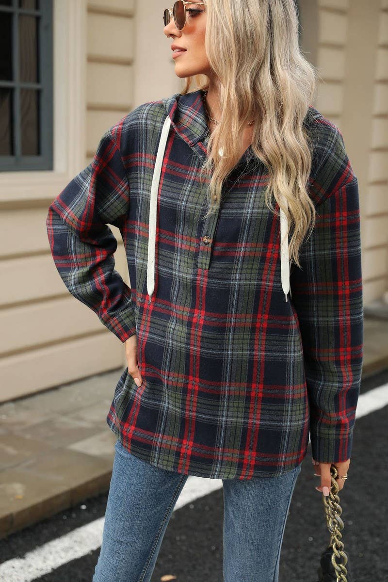 CWOHOL00663_PLAID DRAWSTRING HOODED LOOSE SWEATSHIRT