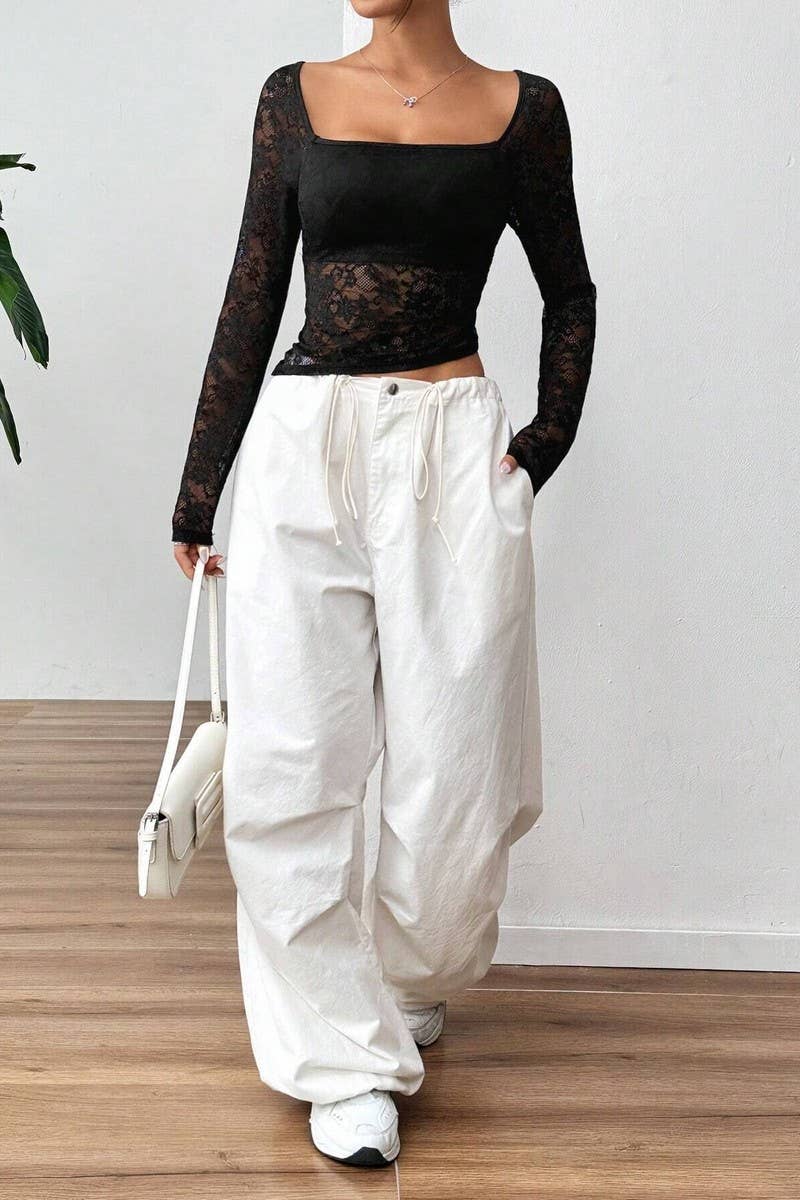 CWTBLL3498_LACE U-NECK ASYMMETRIC HEM LONG SLEEVE TOP