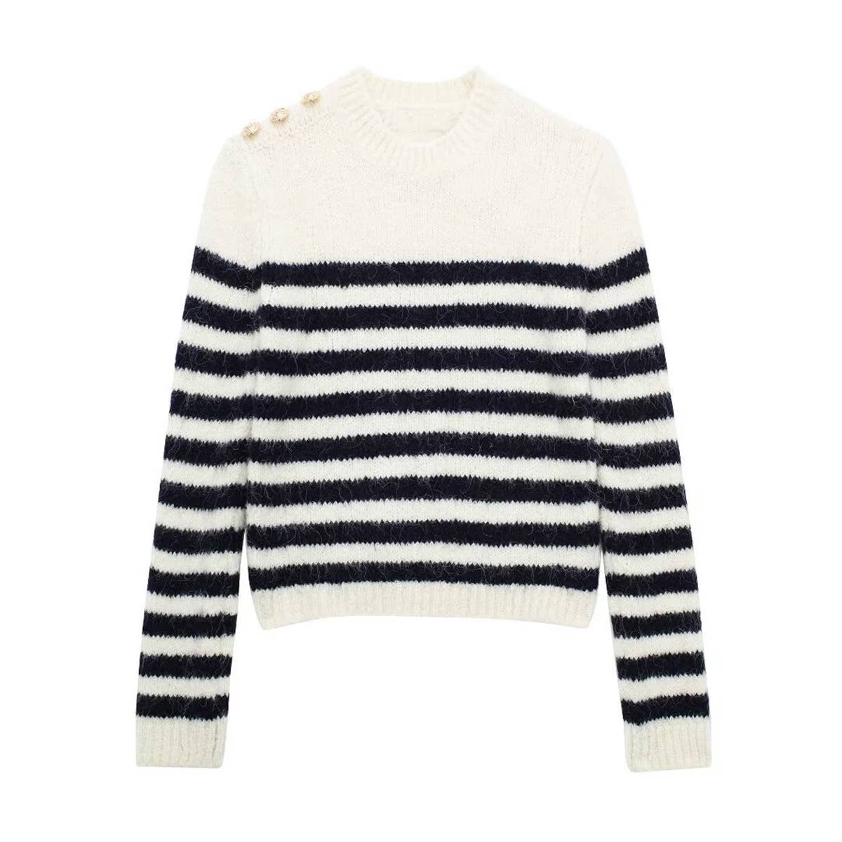 BUTTON TEMPERAMENT STRIPED CREW NECK SWEATER