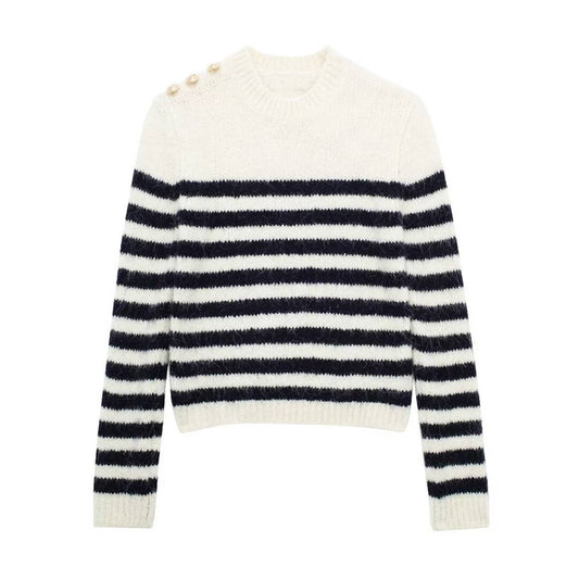 BUTTON TEMPERAMENT STRIPED CREW NECK SWEATER