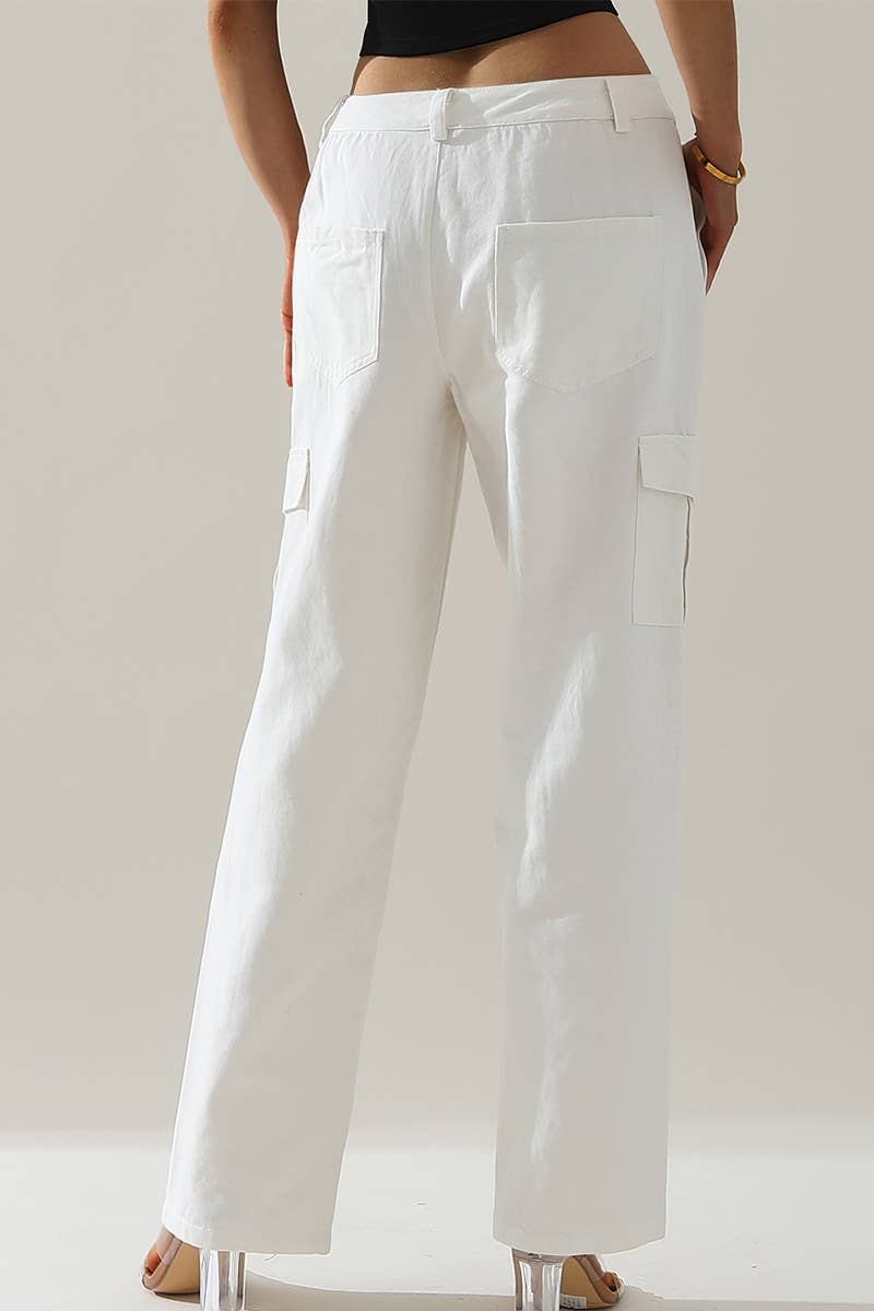 CWBLP421_Cargo Cotton Pants Wide Leg Casual Pants 4 Pockets