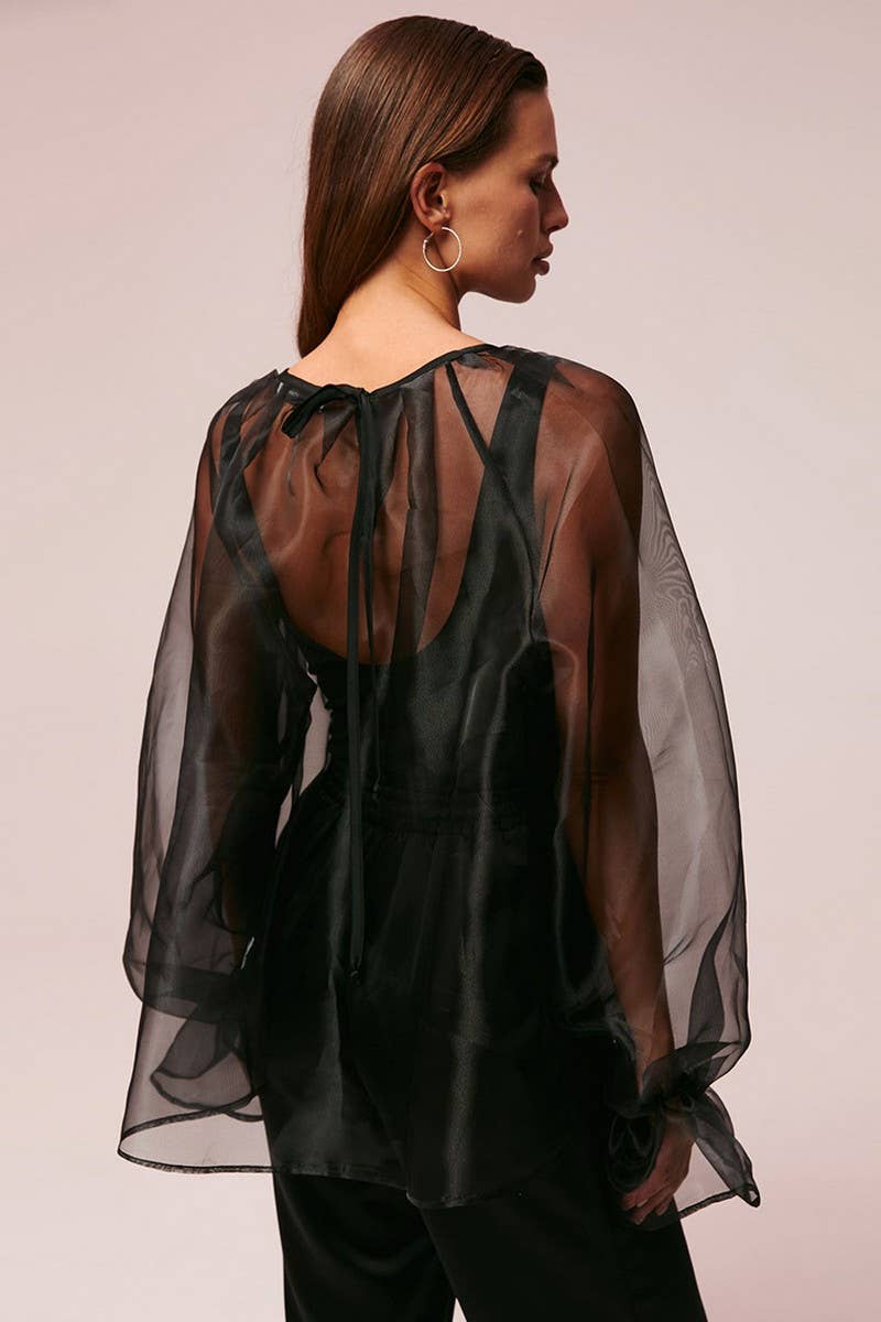 CWTBLL541_BLACK MESH SEE-THROUGH LONG-SLEEVED SHIRT BLOUSE