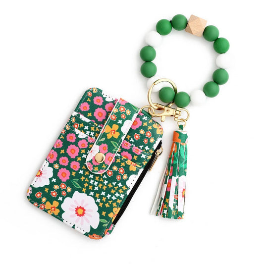 Floral Print PU Wallet with Silicone Bead Keychain_CWAB4930