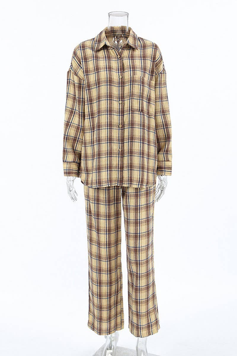CWSPJ0212_PLAID CARDIGAN PAJAMAS TWO-PIECE HOME WEAR SET