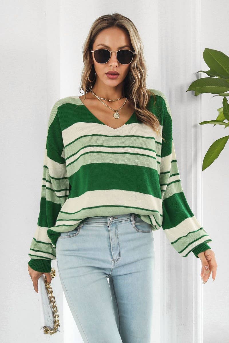 CWOSWL4085_STRIPED GRADIENT V-NECK LONG SLEEVE KNIT SWEATER