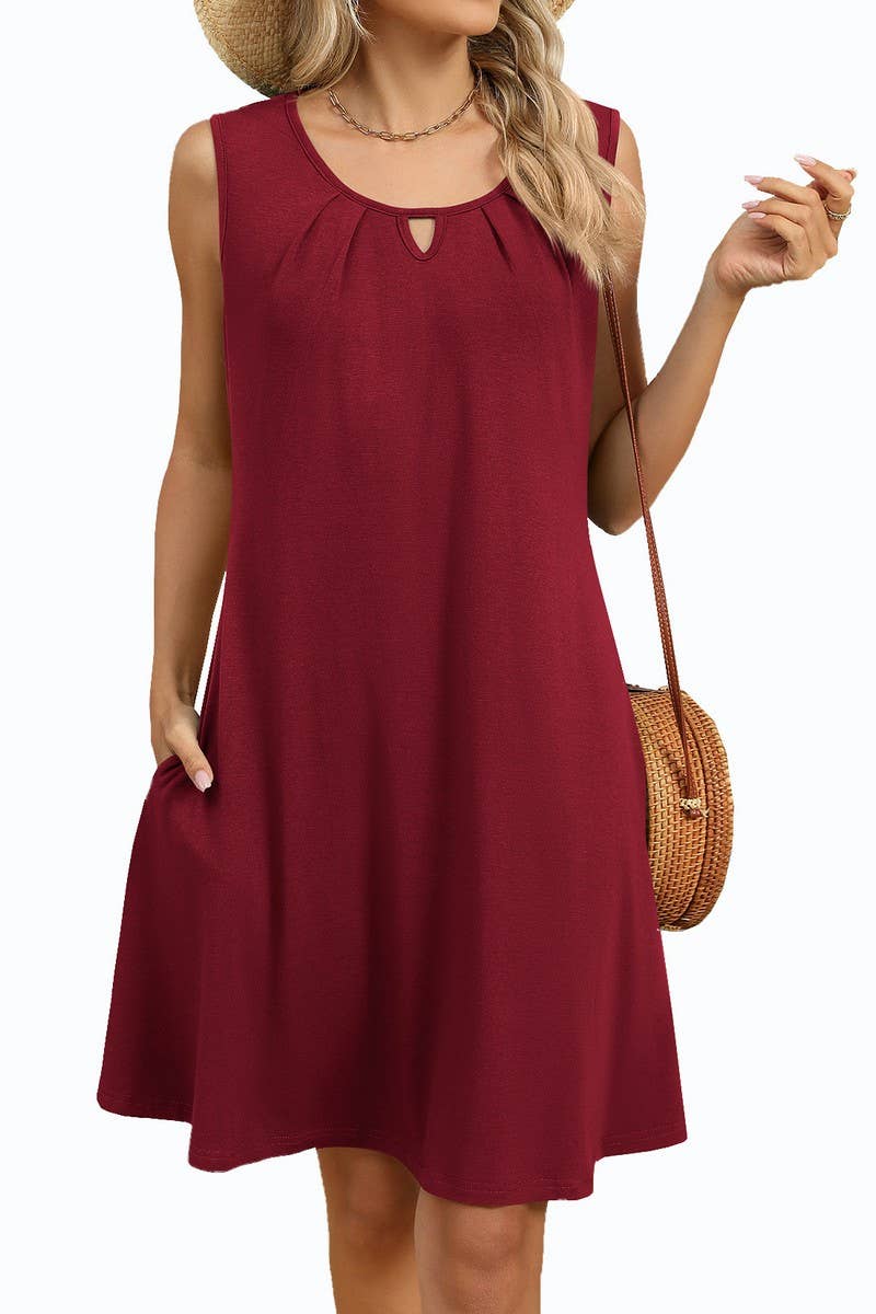 CWDSD8718_SOLID V-NECK RUCHED POCKET SLEEVELESS DRESS