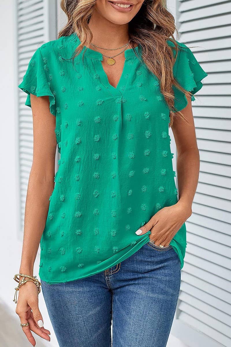 CWTBLS0606_V-NECK RUFFLED SLEEVE CHIFFON SHORT-SLEEVED TOP