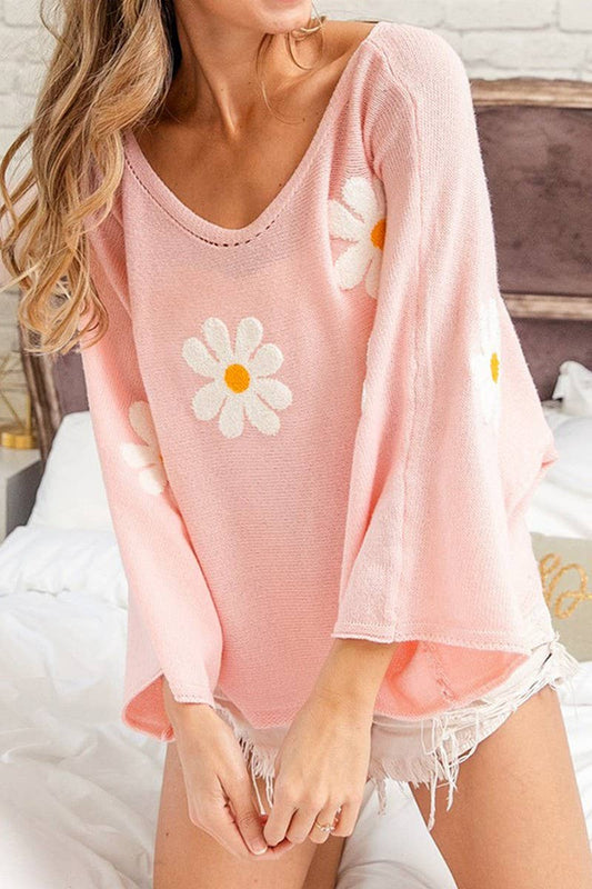 CWOSWL2940_V-NECK FLORAL EMBROIDERED KNITTED SWEATER
