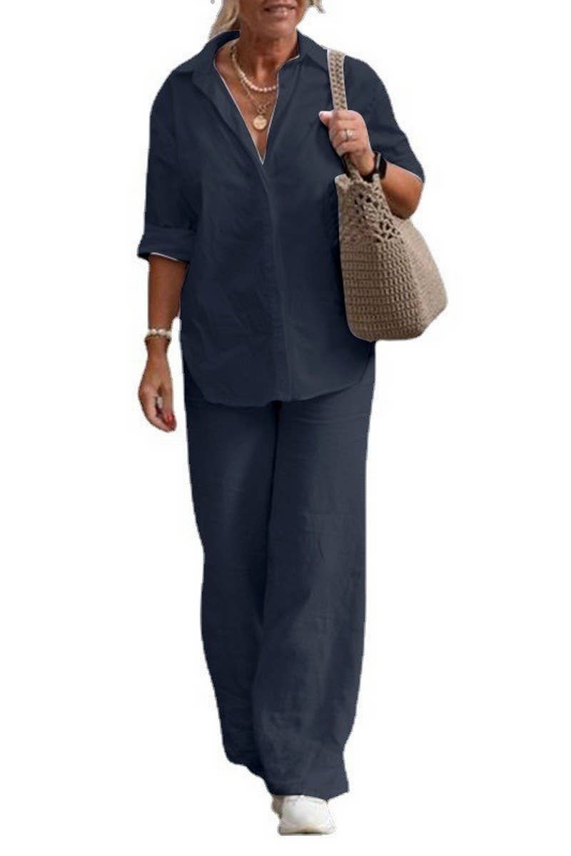 CWSTB00382_SOLID LAPEL SHIRT AND WIDE LEG PANTS SET