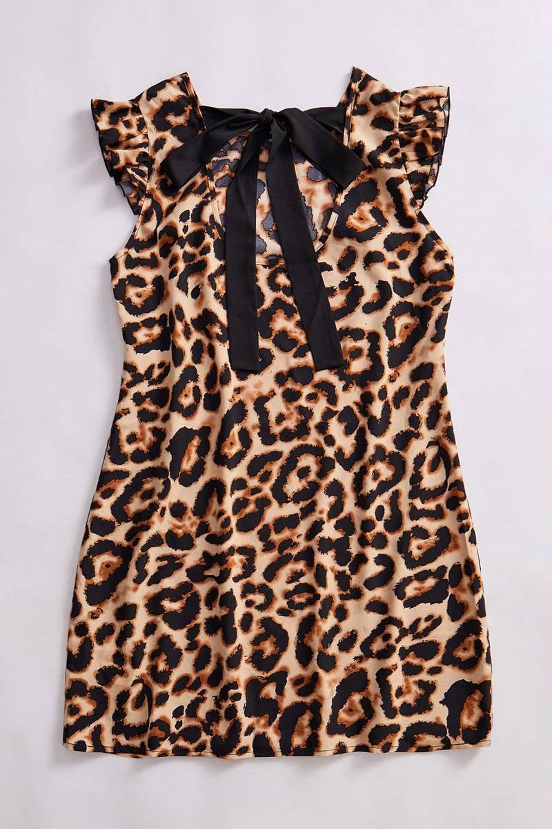 CWDSD7891_LEOPARD PRINT TIE NECK FLUTTER SLEEVE  DRESS