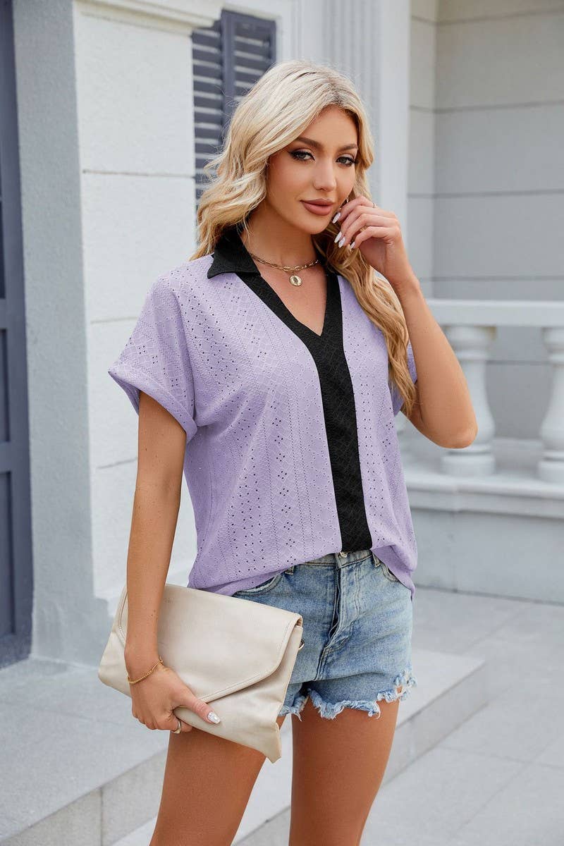 CWTTS0832_V-Neck Short Sleeve Knit Top
