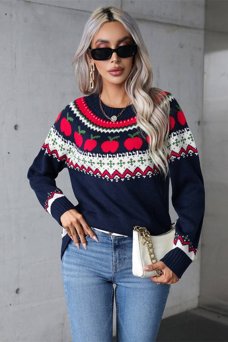 CWOSWL5759_JACQUARD CREW NECK CHRISTMAS KNITTED SWEATER
