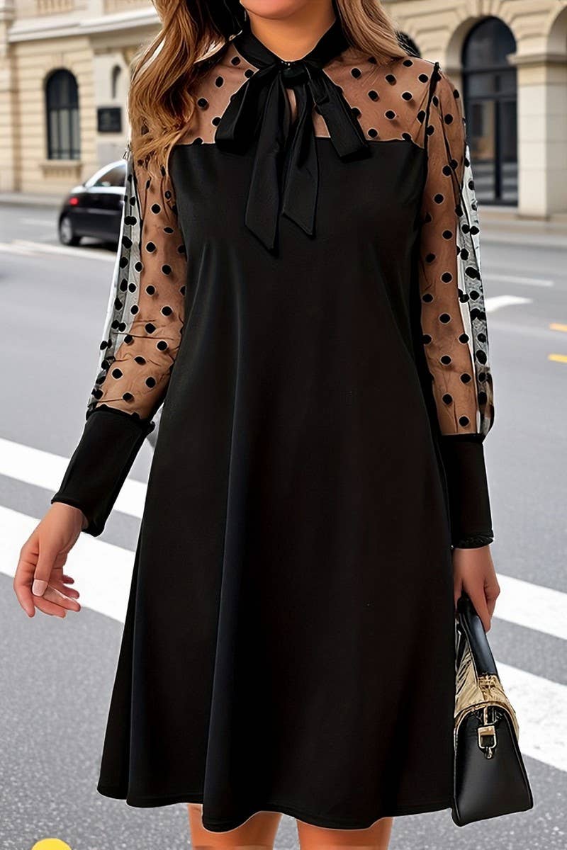 CWDMD01221_POLKA DOT MESH BOW LONG SLEEVE DRESS