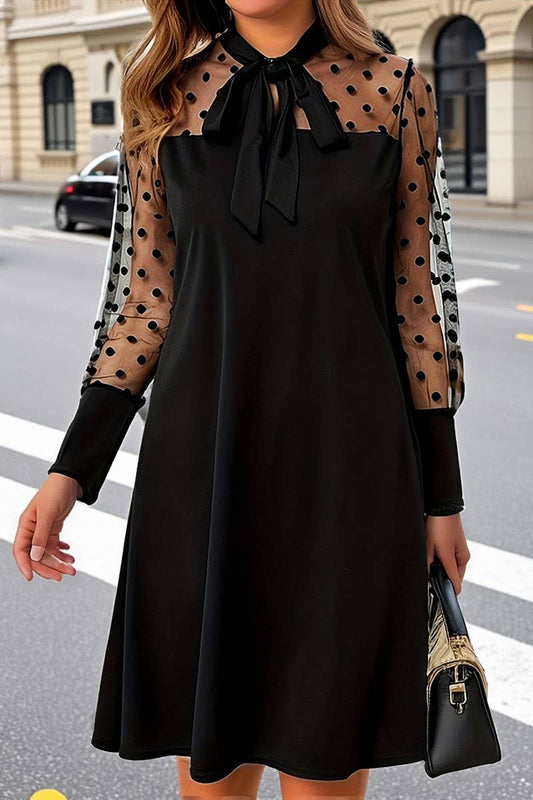 CWDMD01221_POLKA DOT MESH BOW LONG SLEEVE DRESS