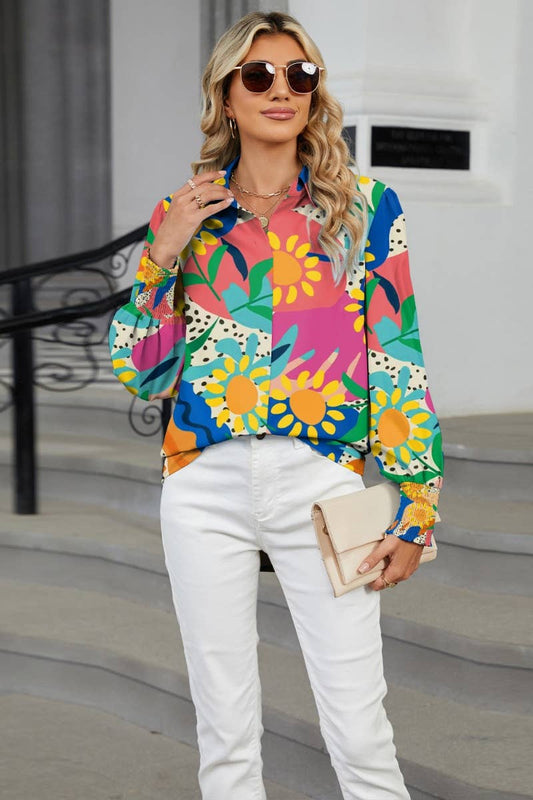 CWTSTL2302_HOLIDAY PRINTED LONG-SLEEVED LANTERN SLEEVE SHIRT