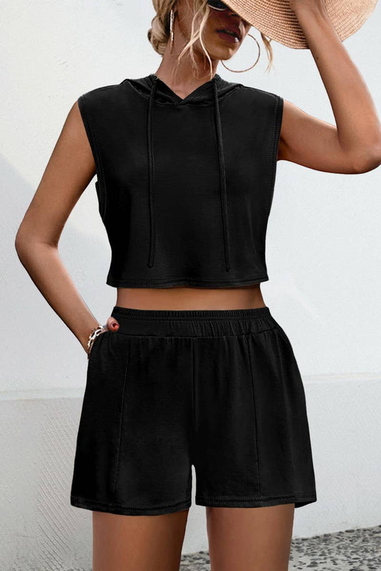 CWSS1072_HOODED PATCHWORK CASUAL VEST SHORTS TWO-PIECE SET