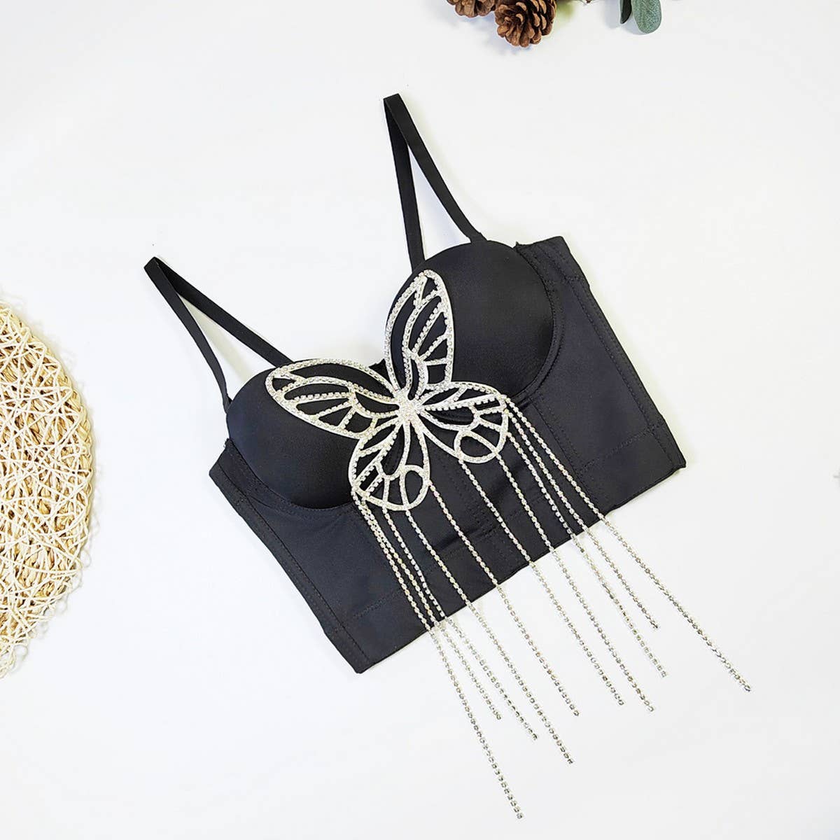 BUTTERFLY BEADED TASSEL HERRINGBONE CORSET_CWMM4237