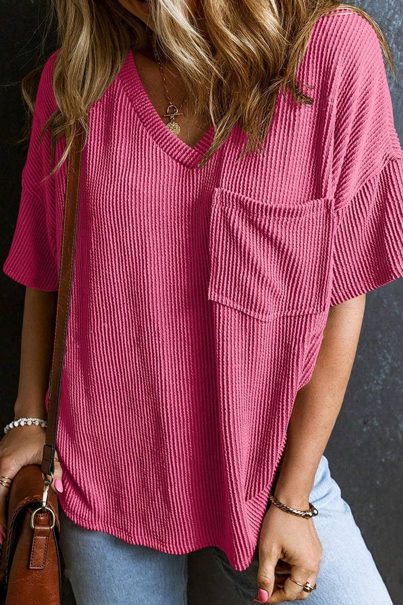 CWTTS1382_SUMMER FASHION POCKET SHORT SLEEVE V NECK TOP