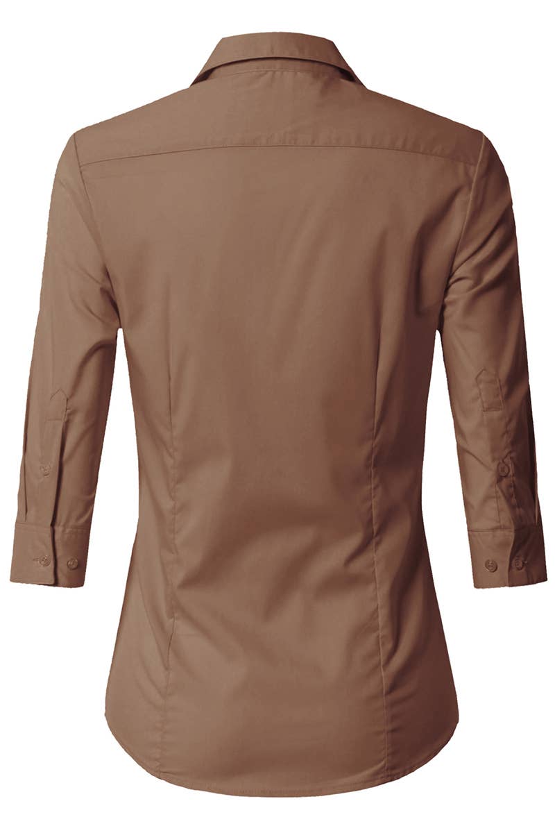 CWTSTS116_Basic Slim Fit Simple 3/4 Sleeve Button Down Shirt