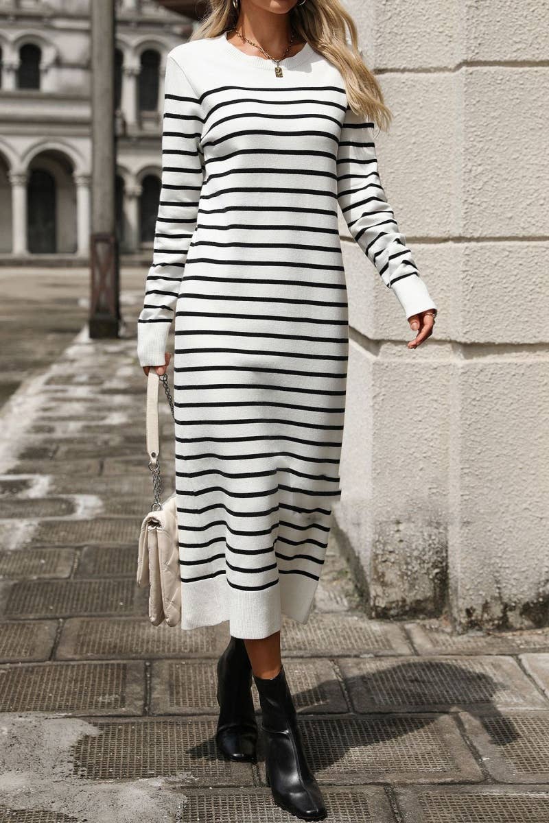 CWDMD4023_ROUND NECK LONG SLEEVE STRIPED DRESS LONG STYLE