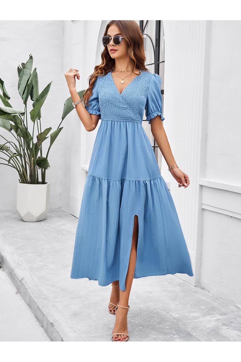 CWDMD2403_V-Neck Smocking Short Sleeve Split Midi Dress