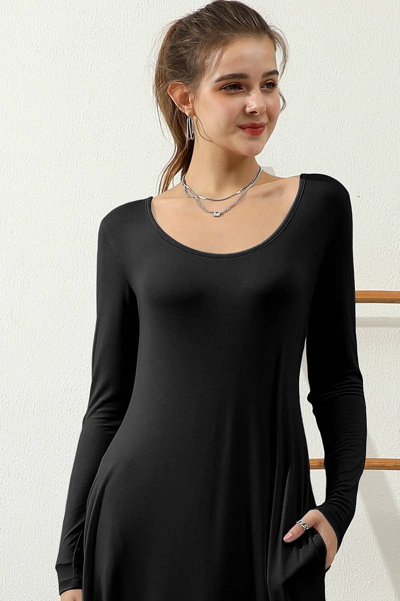 CWDMD799-P_R NECK LOOSE FIT MAXI DRESS WITH SIDE POCKETS