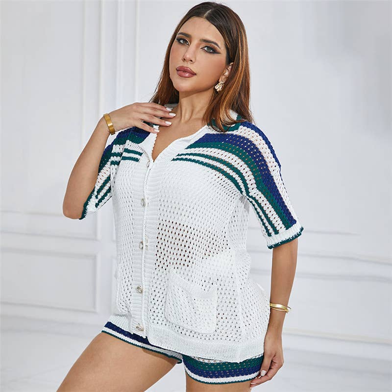 Cut-out cardigan shorts knit casual suit