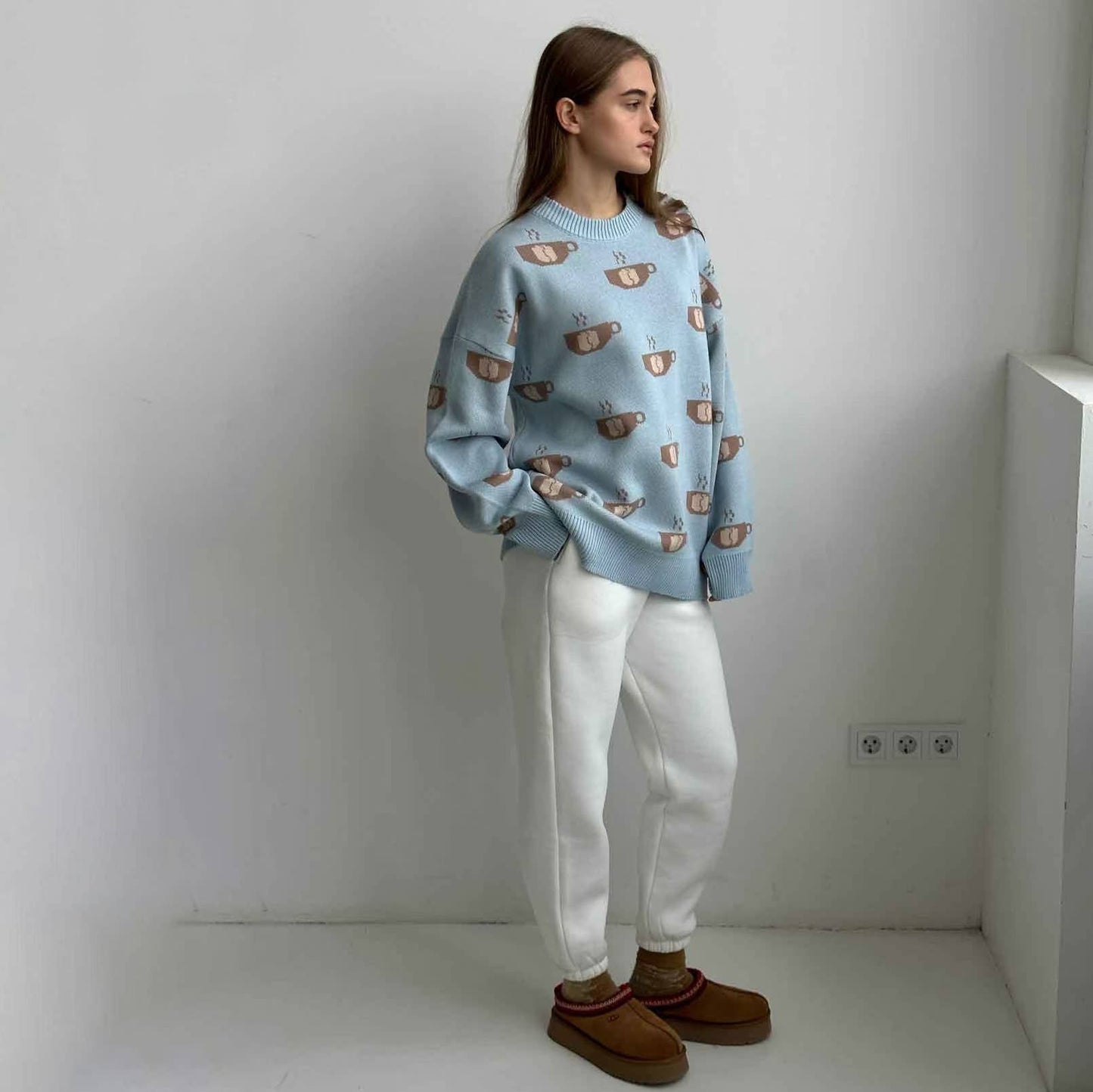 Coffee jacquard semi-turtleneck sweater