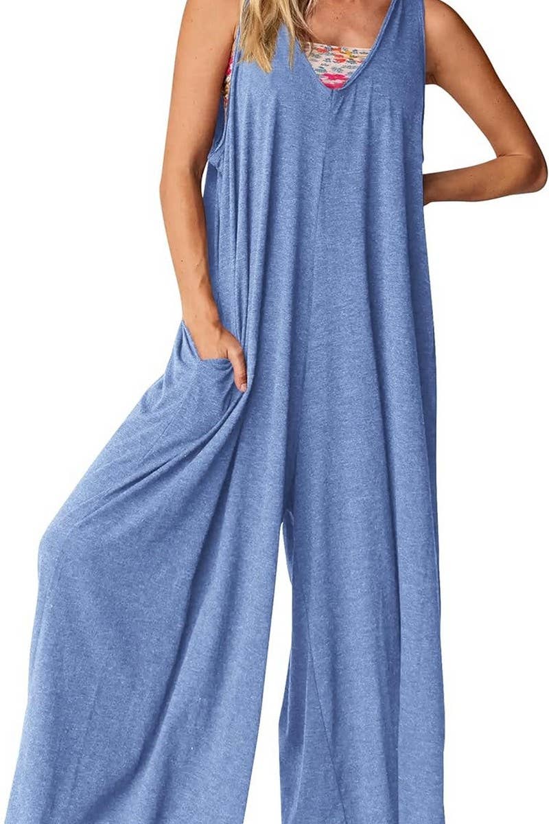 CWSJS00260_LOOSE SLEEVELESS VEST V-NECK WIDE-LEG JUMPSUIT